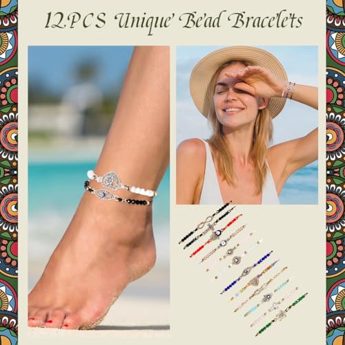 Image of PALAY 12 Pcs Evil Eye Bracelet for Women Girls Rhinestone Charm Friendship Bracelet Matching Beads Bracelets Adjustable Best Friend Couple Bracelets Jewellery Birthday Rakhi Gift for Sister, Brother