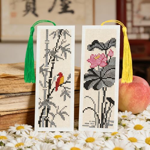 Image of ACRNIGHEET 6PCS Cross Stitch Bookmark Kit for Beginner Chinese-Style Stamped Cross Stitch Kits Needlepoint Kit for Adults DIY Tassel Embroidery Bookmark Kits with Instructions Craft Gift 8.5 inchx3 inch 11CT