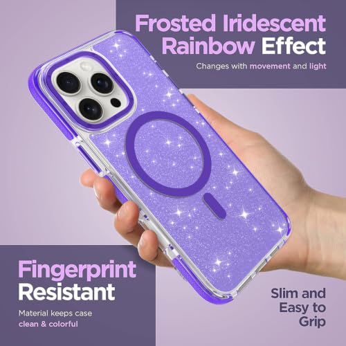 Image of Magnetic Case for iPhone 16 Pro Max [Compatible with Magsafe] [Bling Glitter Fluorescent Design] [1 Screen Protector] Slim Translucent Matte Case for iPhone 16 Pro Max 6.9 inch 2024, Purple