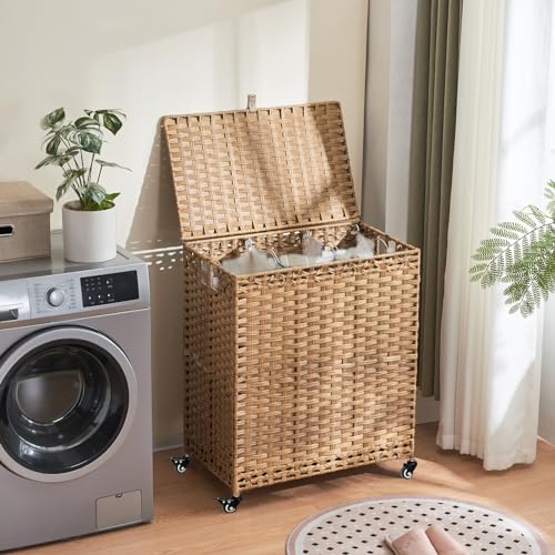 Laundry Hamper with WheelsLid 502 Gallons190L Rolling Laundry Basket with Wheels 3 Section Laundry Hamper Handwoven Rattan Clothes Hamper with 3 Removable Liner3 Mesh Laundry Bags Natural