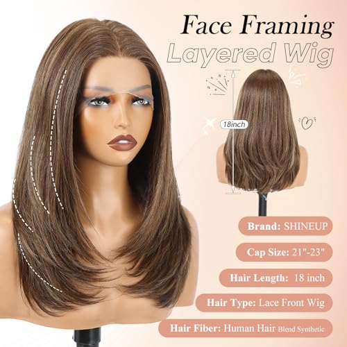 Image of EMMOR Human Hair Wig for Women 13x5x1 Inch HD Lace Front Wig 18 Inch Layered Glueless Wigs Pre-Plucked Hairline Human Hair Blend Synthetic Fiber for Everyday Wear(Brown with Blonde Highlights)