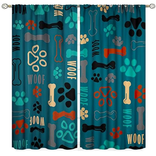 Yearn Jear Dog Paw Print Curtains, Blue Cartoon Dog Paw and Bones Window Treatment Thermal Insulated Curtain for Kids Living Room Bedroom 2 Panels Set, 63x72 inch Blackout