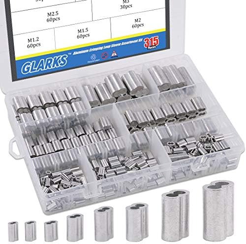Glarks 315-Pieces 8 Sizes M1.2-M6 Aluminum Crimping Loop Sleeve Double Barrel Ferrule for Wire Rope and Cable Line End Assortment Kit