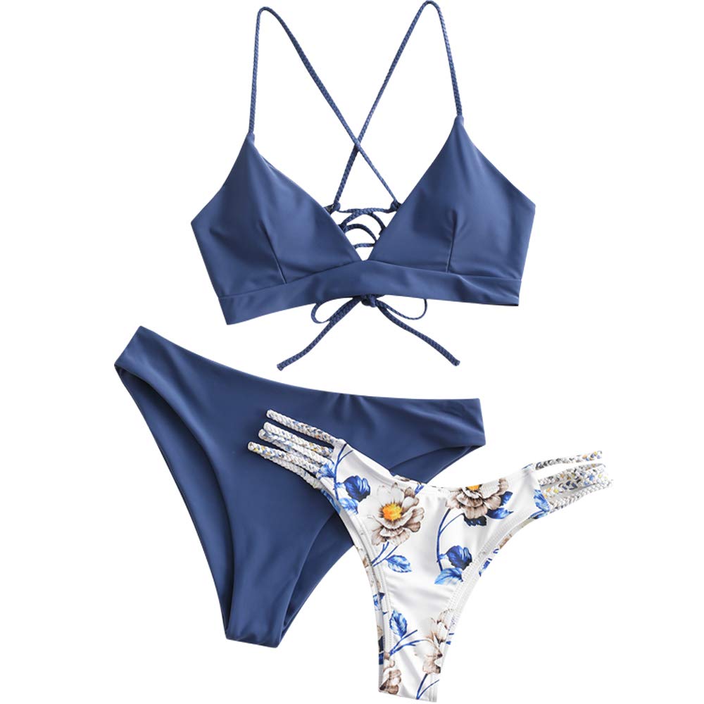 ZAFUL Costume da Bagno Bikini Intrecciato con Stampa,Reggiseno Imbottito Senza Fili, Breif a Bikini a Vita Bassa