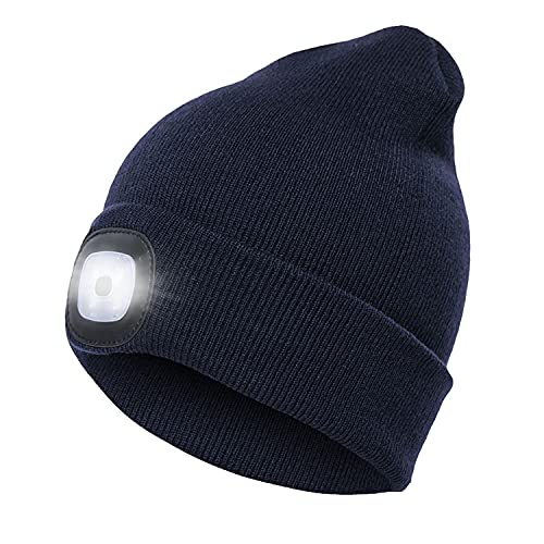 Unisex Beanie with Light, USB Rechargeable LED Headlamp Beanie, Gifts for Dad Father Men Husband Warm Knitted Cap Navy Blue