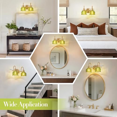 Image of 2-Light Vintage Bathroom Light Fixtures, 14.5 inch Hardwired Vanity Lights with Green Tulip Glass Shades, Brushed Gold Antique Wall Lights for Mirror Restroom Bedroom Living Room(Bulbs Not Included)