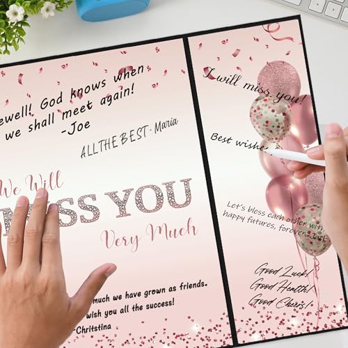 Image of DARUNAXY Rose Gold Farewell Party Decorations for Women, We Will Miss You Very Much Alternative Signature Guest Book Girls Going Away Gifts Signing Card Board for Retirement Graduation Party Supplies