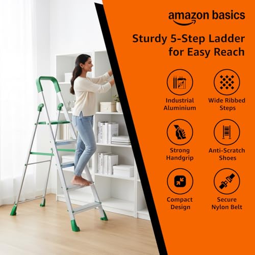 Image of Amazon Basics Clamber Pro - Foldable Step Ladder, Firm Grip, 5 Steps (Aluminium Steps, Green & Satin)