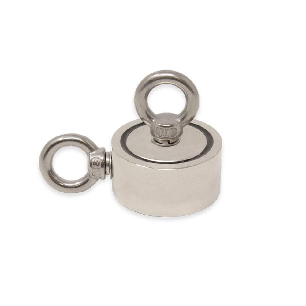 N42 Aigneur de Pot N42 Avec Des Boulons D'Œil 2X M8 et Une Corde de 10 M Pour la Pêche á L'Aimant, la Récupération et la Chasse Au Trésor - 60mm dia x 22mm - 120kg de Traction