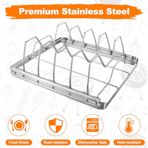Rib Rack for Smoking and Grilling, Smoking-holds Up to 4 Full Racks of Ribs for Standing Rib Roast, Stainless Steel Meat Resting Rack for Outdoor Grill Camping Picnics Barbecue Grills and Smokers