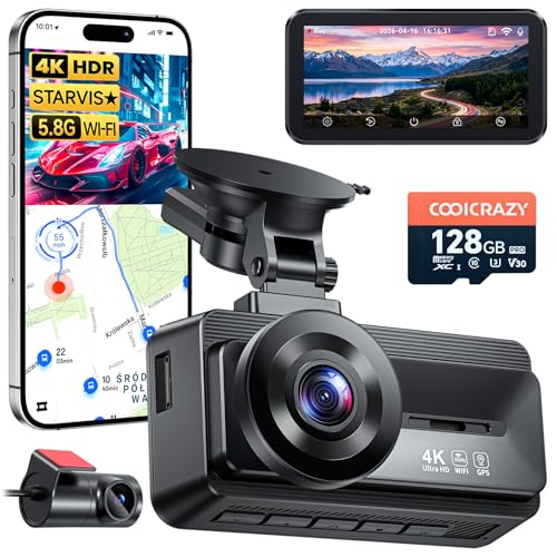 Coolcrazy 4K Dash Cam Front and Rear, STARVIS Sensor, Free 128GB Card Included, 5GHz WiFi-up to 20MB/s, Dual Dash Camera for Cars, Built-in GPS, G-Sensor, WDR/HDR Super Night Vision, 24H Parking Mode