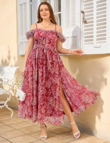 Image of EYWOL Plus Size Formal Wedding Guest Cocktail Party Floral Dress with Slit