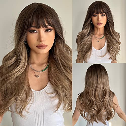 Ombre Brown to Blonde Synthetic Wigs Long Natural Wavy Heat Resistant Fiber Wigs for Women Wig with Bangs Cosplay Daily Wig…