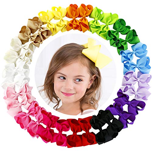 4.5 Inch Hair Bows For Girls Grosgrain Ribbon Boutique Bow Clips Teens Toddlers Kids Set Of 30 (15 Colors x 2)