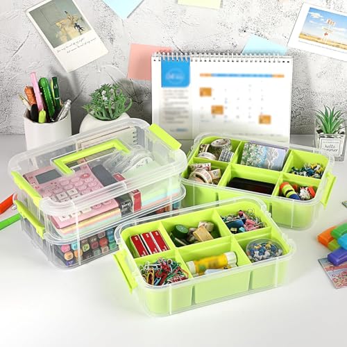 Image of plastic boxes for Storage transparent boxes for storage, Portable & Stackable Space Saving Organiser with Lid for Medicine, Jewelry, Arts & Crafts, Buttons, Beads (Green, 4 TIER WITH 2 TRAY)