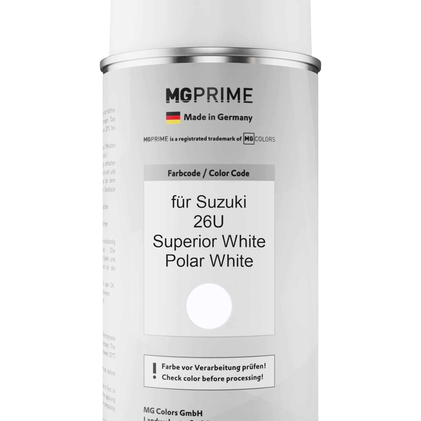 MG PRIME Vernice per auto Kit di bombolette a spruzzo per Suzuki 26U Superior White/Polar White Bomboletta spray da 400ml di vernice di base vernice trasparente