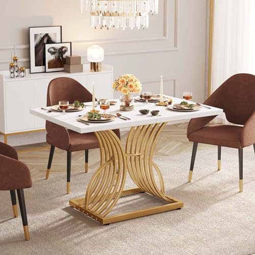 DWVO Modern Dining Table for 4 People 47 Inch Rectangular Kitchen Table with White Tabletop and Gold Geometric Legs Small Dinner Table Kitchen & Dining Room Furniture White & Gold