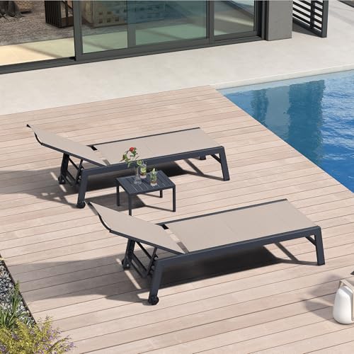 Image of PURPLE LEAF Outdoor Chaise Lounge Set of 2 with Wheels & Side Table, Camel | Double-layer Textilene with Sponge, Rustproof Aluminum Frame, 5-Position Reclining Back, Lightweight Build Easy to Move