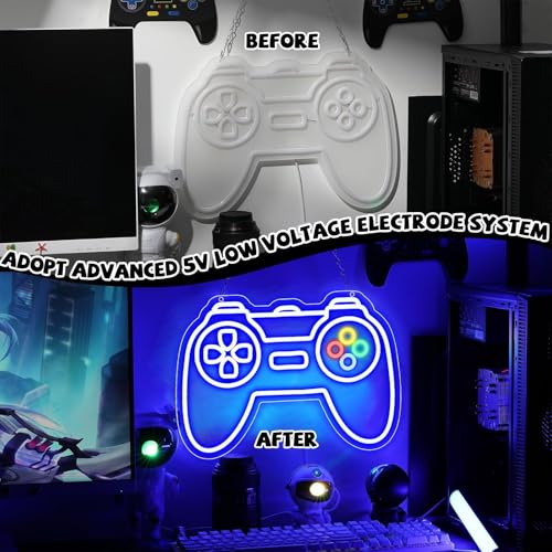 Image of Gamer Neon Sign for Teen Boys Girls Gift Blue Gamepad Shaped LED Light Hangings Cool Gaming Light up Sign Decoration USB Powered for Game Stuff Room Accessories Bedroom Wall Decor Supplies