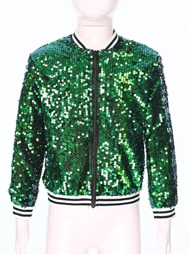 JEYPINMI Kids Girls Sparkly Sequin Baseball Jacket Long Sleeve Zip Up Bomber Jacket Hip Hop Dancing Party Tops3