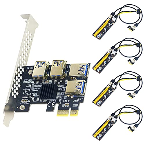PCIE Riser Card 1x to 16x PCI-Express 1 to 4 Slot PCIE USB 3.0 Adapter 16 Pin Extension Cable Port Multiplier Miner Card for BTC for Bitcoin Mining Bitcoin Miner(1 PCI-E Riser Card+4 PIN 6)