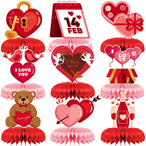 9 pcs de centro de mesa de San Valentín decoración de mesa de panal decoración de mesa de San Valentín decoraciones del día de San Valentín decoraciones de San Valentín en forma de corazón para aula