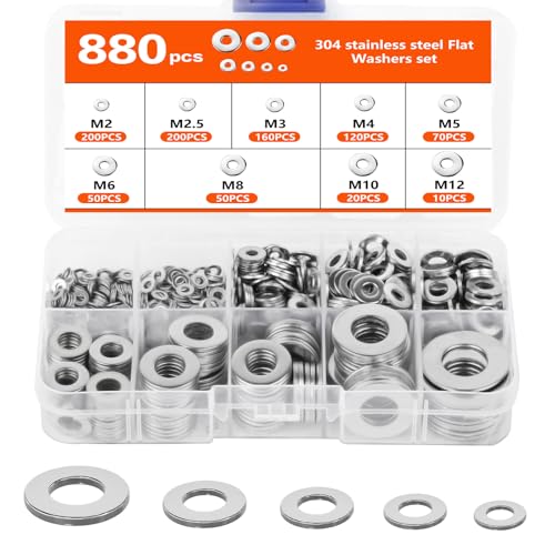 880 Pcs Penny Washerss Stainless Steel Washers for Screws Bolts Flat Metal Washers Assorted M2 M2.5 M3 M4 M5 M6 M8 M10 M12 Washersset