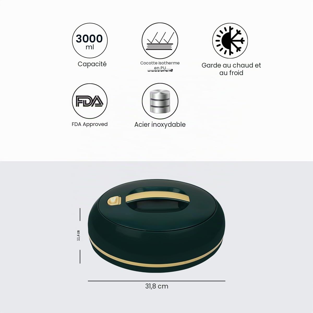 Grand plat de transport isotherme ovale élégant - Couvercle ouvert à une main - 3,15 l - Réchauffeur/refroidisseur de luxe - Bol de service thermique pour buffet/fête - Récipient pour aliments chauds