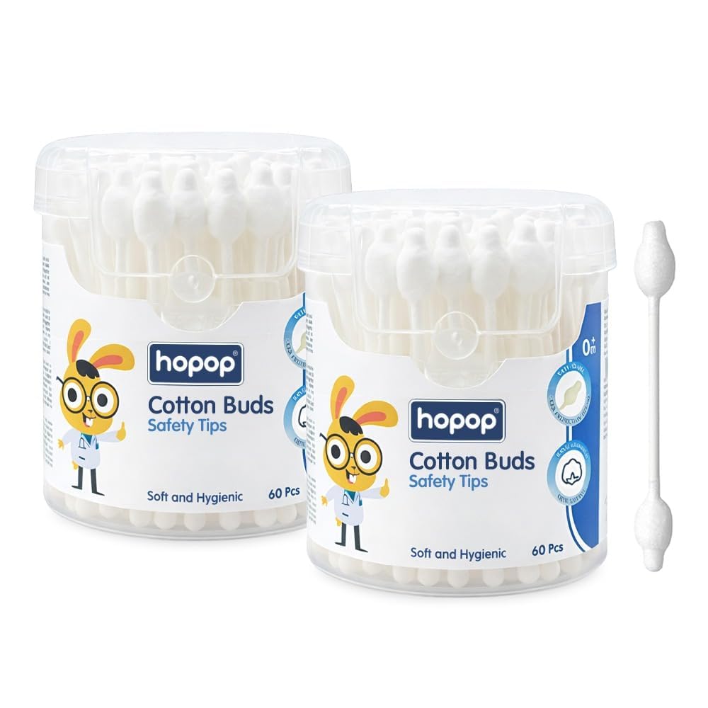 Hopop Cotton Buds | Baby Safety Tip Ear Cleaner Buds | 100% Biodegardable Ear Cotton Buds | Paper Stem Dumbbell Shape Cotton Swabs for Extra Safety | 2 Pack | 55 Sticks/Pack | White-image-40