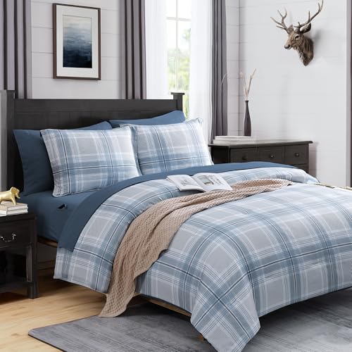 Image of MaiReve Plaid Full Comforter Sets, Light Blue Grid Farmhouse Bedding Set Bed in A Bag, Classic Checkered Comforter Sets with Fitted & Flat Sheet, Pillowcases & Shams(Light Blue, 80 inchx90 inch)