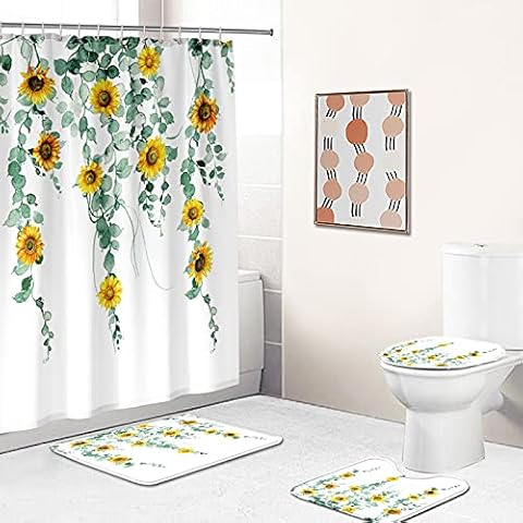 4 Pcs Watercolor Green Shower Curtain Sets with 12 Hooks, Non-Slip Rug Toilet Lid Cover, Sunflower Shower Curtains, Bath Mat, Bath Curtain, Waterproof Fabric Bathroom Decorative , 71" W × 71" H Cover
