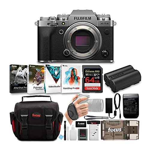 Fujifilm X-T4 Mirrorless Digital Camera (Silver) Bundle with 64GB Pro Memory Card, Essential Accessories and Software (5 Items)