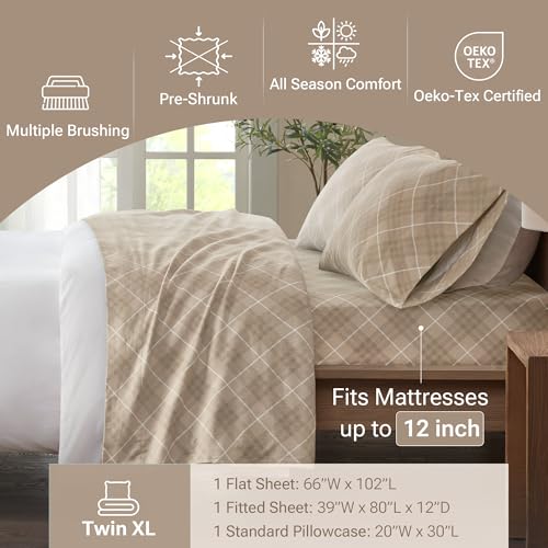 True North by Sleep Philosophy Cozy Flannel Warm 100% Cotton Sheet - Novelty Print Animals Stars Cute Ultra Soft Cold Weather Bedding Set, Twin XL, Tan Plaid 3 Piece