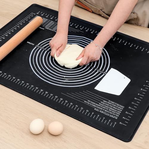 SUPER KITCHEN 70x50cm Silikon Backmatte Mit Rand, Antihaft Teigmatte Groß Mit Messung, Rutschfeste Backunterlage Zum Teig Ausrollen, Verdickte Silikonmatte Backen, Teigunterlage Ausrollmatte, Schwarz