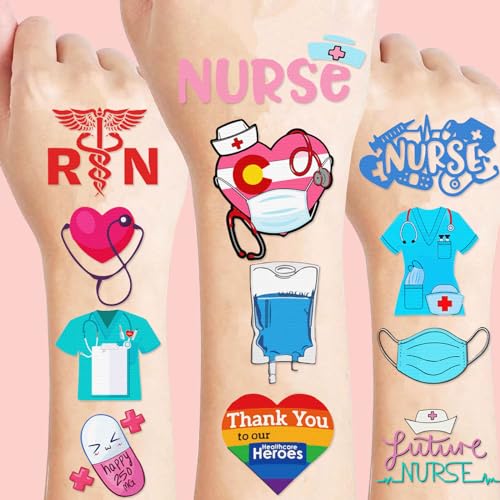 GERRIT 10Pack Nurse Temporary Tattoos Sticker, Medical Nurse Graduation Themed