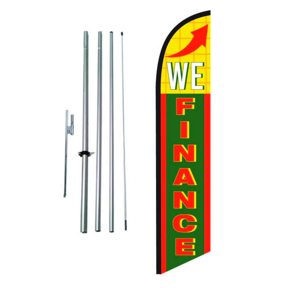 We Finance Auto Dealership Advertising Feather Banner Swooper Flag Sign with Flag Pole Kit and Ground Stake