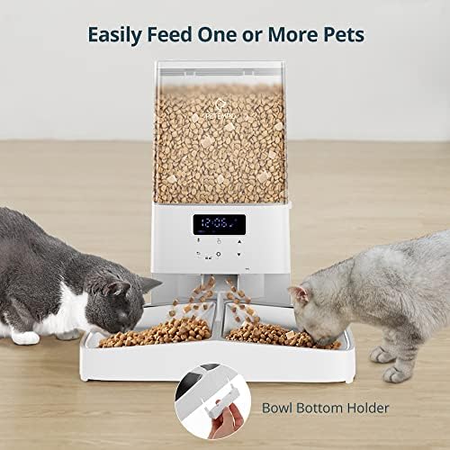 PETEMPO Automatic Cat Feeder, 5L Cat Food Dispenser Anti Food Stuck, Single/ Double Cat Bowls, 1-48 Portions 6 Meals Per Day, Plug & Battery Powered, Voice Record, for Small Medium Dog Pet