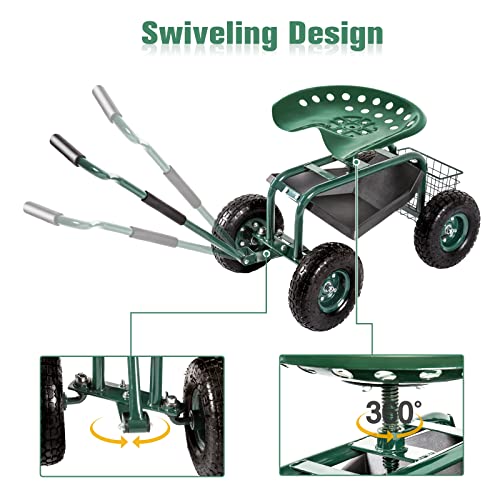 Kinsunny Garden Stool Cart Rolling Work Seat Outdoor Storage Basket Scooter for Adjustable 360 Degree Swivel Seat Green