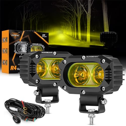 Image of Auxbeam LED Amber Fog Light, 4Inch 60W Led Driving Offroad Lights Pod Super Bright with Wiring Harness Kit Yellow Flood Beam Pod Light for Truck SUV ATV UTV Jeep Wrangler Motorcycle