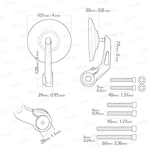 KiWAV Bar End Round Mirrors Short Stem Bob Black 5mm Thread compatible for Triumph Air-Cooled Motorcycles