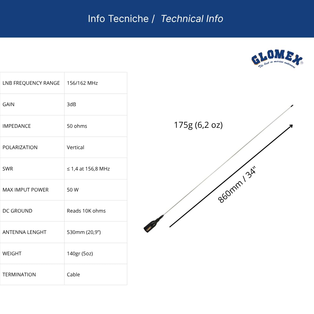 Glomex Antena morska VHF o wysokiej wydajności 6 dB, model SGV80SBBK (Crow), długi zasięg, stała instalacja, do łodzi żaglowych, silników, jachtów