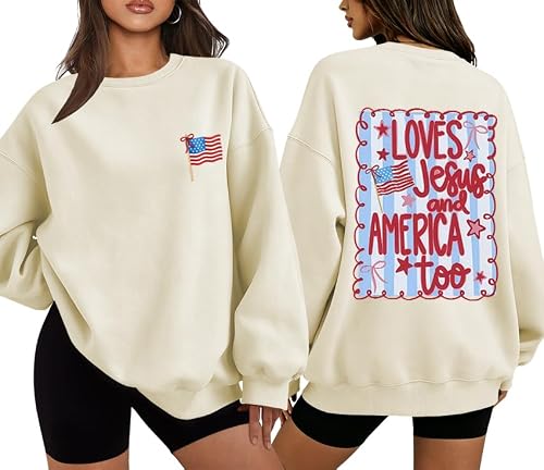 derklae Loves Jesus and America Too Sweatshirt Hoodie 4th of July Patriotic Coquette Bow Shirt American Flag Tops