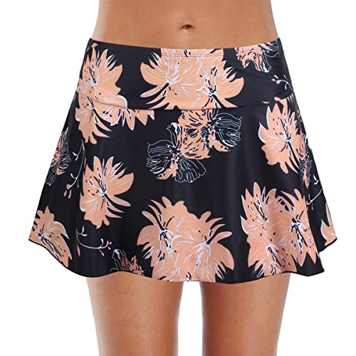 FLYILY Short de Bain Femmes Filles Réglable Jupe de Bain Sport Shorts de Plage avec Cordon Femme Taille Haute Tankini Shorts(1-BlackFlower,L)