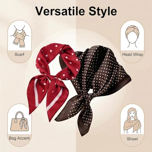 ZXTGBQ 2 x Square Scarf, Women's Lightweight Silk Scarf, Elegant Satin Hair Accessory, Stylish Bandana, Red Polka Dot Pattern, Gift for Mother, Wife — view 5