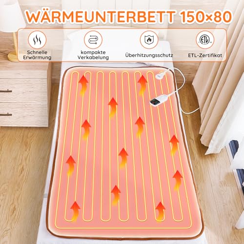 Mia&Coco Heizdecke mit Abschaltautomatik, 150 x 80 cm, Wärmeunterbett mit 12-Stunden-Timer und 3 Wärmestufen, LED-Anzeige, Überhitzungsschutz, Wärmedecke für Gängigen Matratzen,Maschinenwaschbar