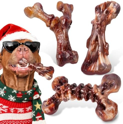 Dog Toys for Aggressive Chewers - 3 Pack Bacon Flavored Indestructible Dog Toy, Big Tough Chew Bone for Medium Large Breed 25-80lbs to Keep Them Busy, Hollidy Dog Gift (Brown)