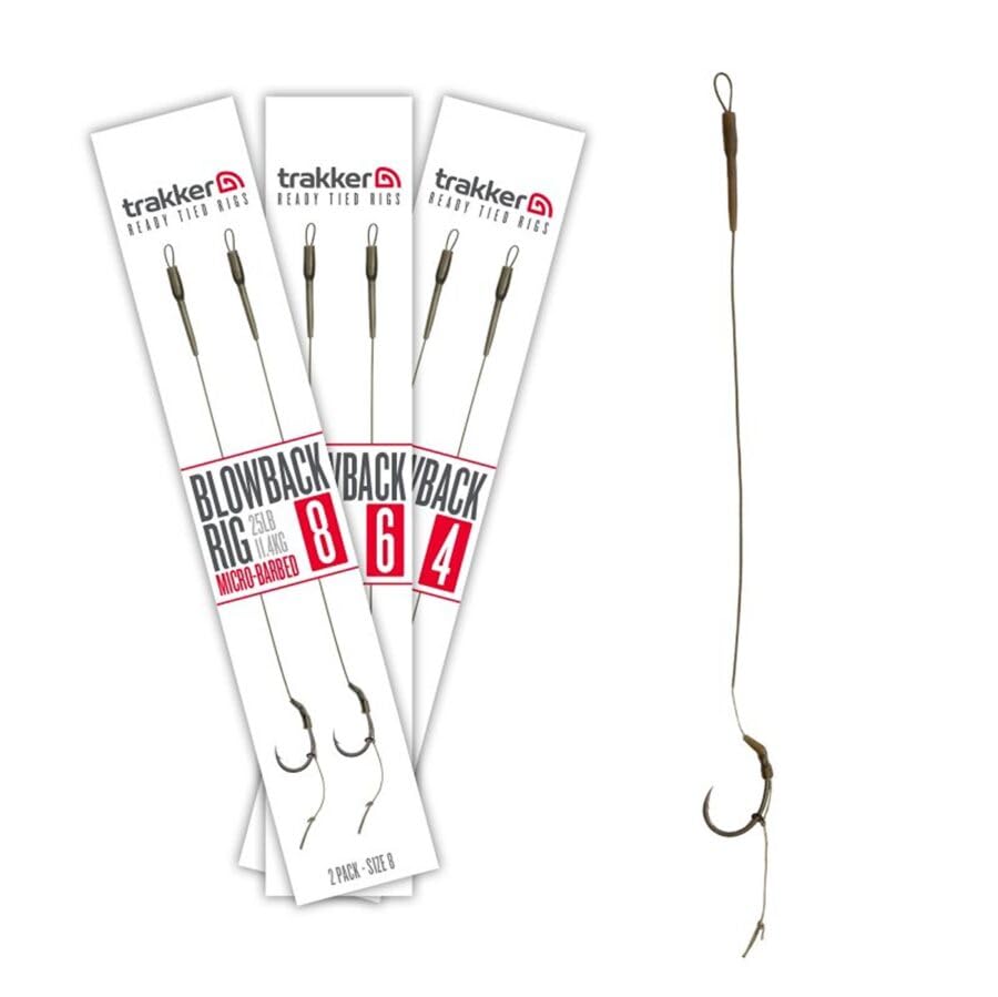 Trakker Blowback Rig 25lb 11.4kg Size 6 Barbless | x2 Pack | for Carp Fishing | Super Sharp Clinga BP Hook | Small Ring on Shank | Semi Stiff Hooklink | Multi Sized Bait Stops | Code 228740