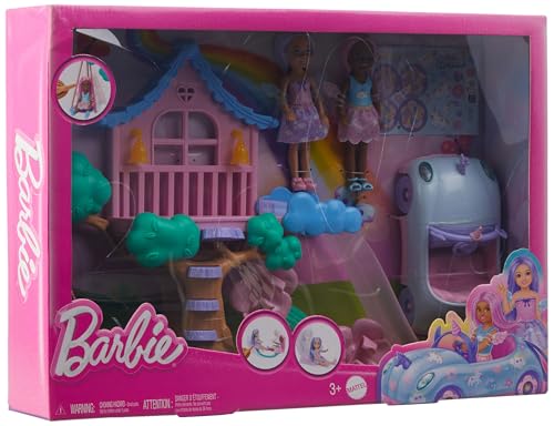 Image of Barbie Treehouse Playset with 2 Chelsea Small Dolls, Toy Car, Swing, Slide, Seesaw, Fairy Wing Accessories & Sticker Sheet