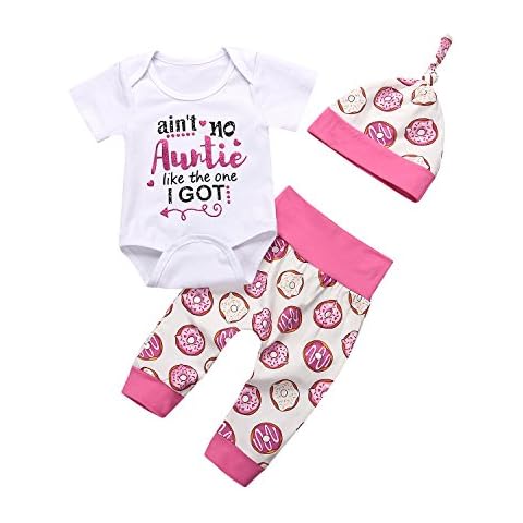 3Pcs/Set Newborn Baby Girls Outfit Auntie Bodysuit Romper with Headband+Donuts Long Pants Clothes Set (Pink, 6-12M) Cover