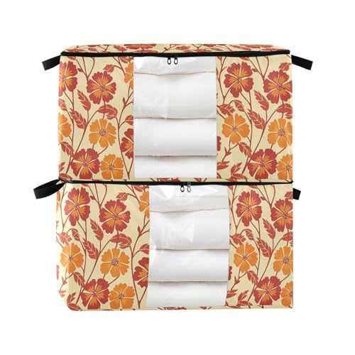 KLL Contenedores de almacenamiento con cremallera de 95 L con diseño de flor de caléndula roja y amarilla con tapas con asas reforzadas, recipiente transparente con ventana para ropa, mantas, sábanas